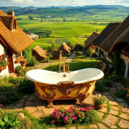 A charming village surrounded by lush green farms, featuring a beautifully elegant bathtub situated in the main square