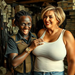 In a chaotic shack filled with weapons and stacks of dollars, a young black African woman, very petite and undernourished at 30 years old, has very dark skin and is grimacing with severely decayed teeth and bulging eyes