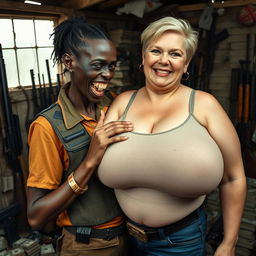 In a dilapidated shack filled with weapons and stacks of dollars, a painfully thin, young black African woman, 30 years old with very dark skin, exudes a malevolent energy while grimacing with grotesquely decayed teeth and bulging eyes