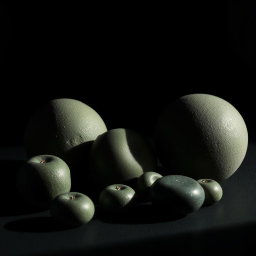 An elegant minimal still life composition featuring rounded, tactile items arranged thoughtfully