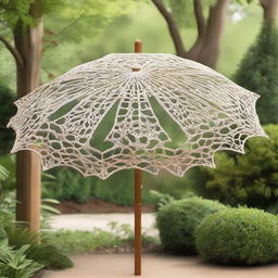 A quirky and unique macrame umbrella, featuring intricate, natural-toned designs, placed charmingly in a verdant backyard setting.