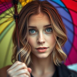 A captivating portrait of a woman with slightly wavy dark blond hair peeking up at the camera from underneath a colorful umbrella she is holding