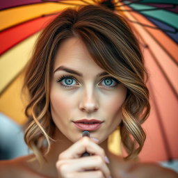 A captivating portrait of a woman with slightly wavy dark blond hair peeking up at the camera from underneath a colorful umbrella she is holding