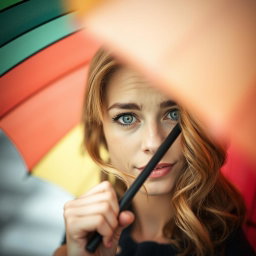 A captivating portrait of a woman with slightly wavy dark blond hair peeking up at the camera from underneath a colorful umbrella she is holding