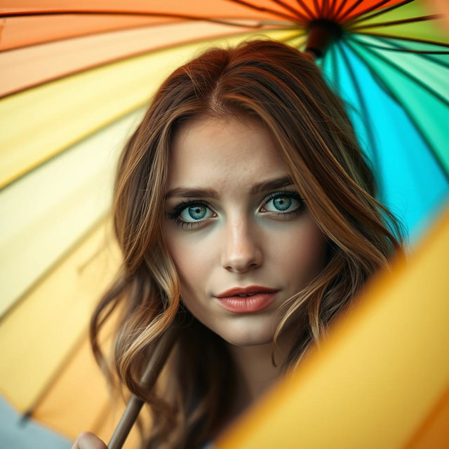 A captivating portrait of a woman with slightly wavy dark blond hair peeking up at the camera from underneath a colorful umbrella she is holding