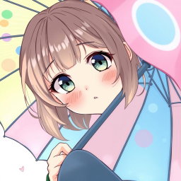 An anime-style illustration of a young woman with slightly wavy dark blond hair and curtain bangs, peeking up at the camera from beneath a colorful umbrella that she is holding