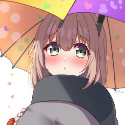 An anime-style illustration of a young woman with slightly wavy dark blond hair and curtain bangs, peeking up at the camera from beneath a colorful umbrella that she is holding