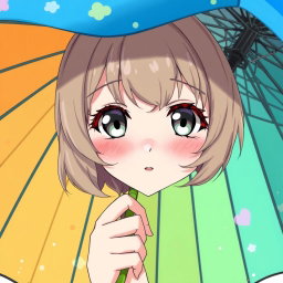 An anime-style illustration of a young woman with slightly wavy dark blond hair and curtain bangs, peeking up at the camera from beneath a colorful umbrella that she is holding