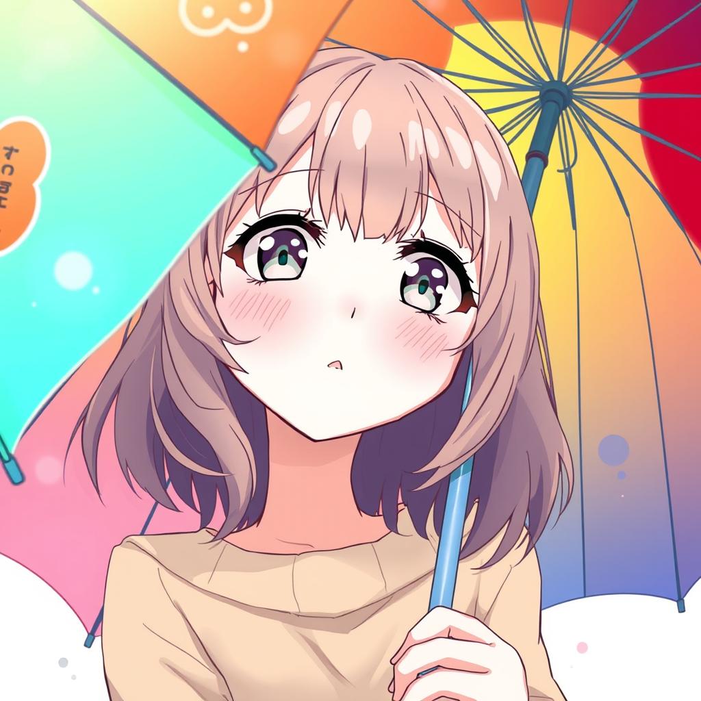 An anime-style illustration of a young woman with slightly wavy dark blond hair and curtain bangs, peeking up at the camera from beneath a colorful umbrella that she is holding