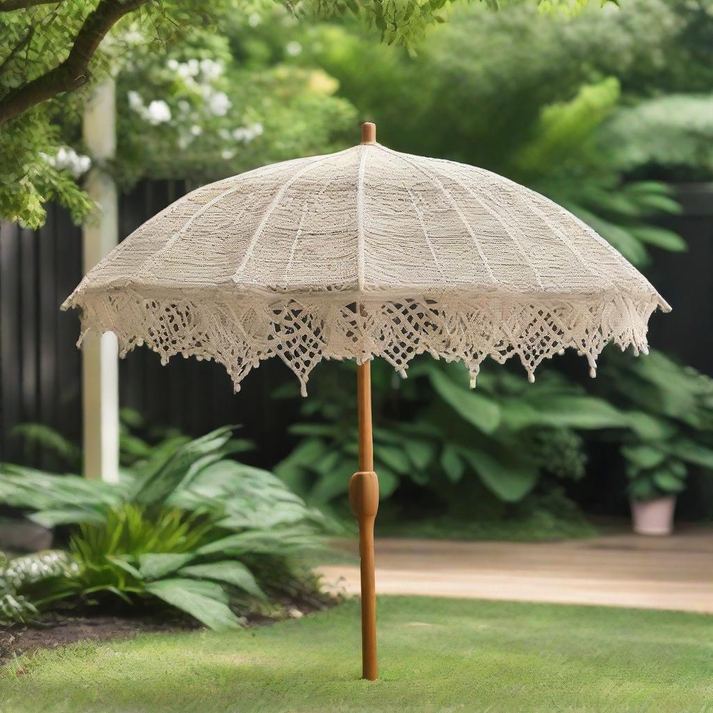 A quirky and unique macrame umbrella, featuring intricate, natural-toned designs, placed charmingly in a verdant backyard setting.