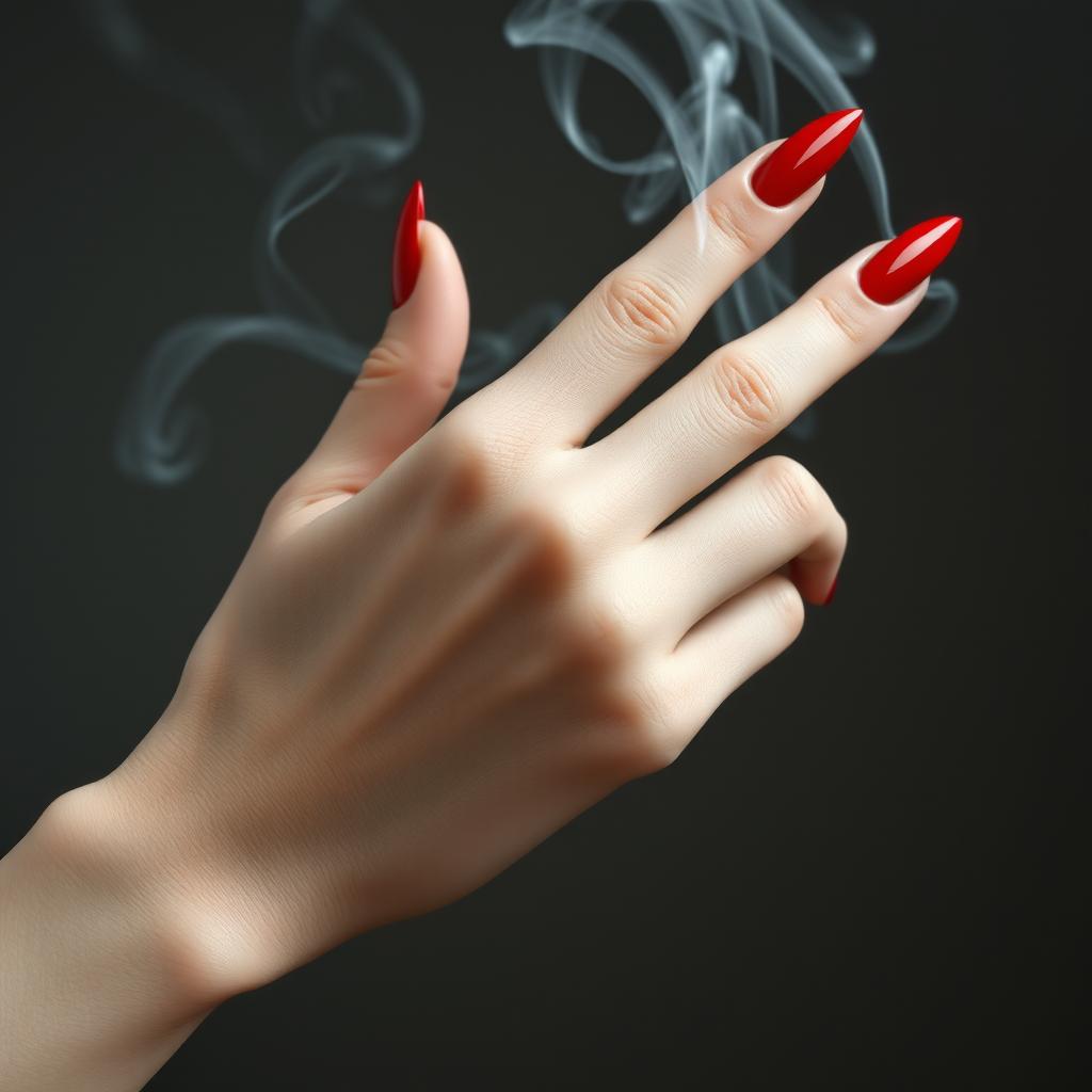 A close-up artistic depiction of a pale feminine hand adorned with striking red sharp nails