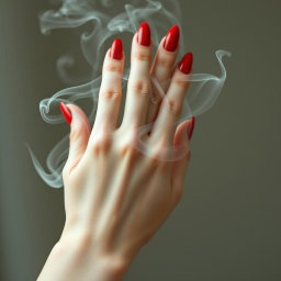 A close-up artistic depiction of a pale feminine hand adorned with striking red sharp nails