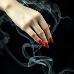 A close-up artistic depiction of a pale feminine hand adorned with striking red sharp nails