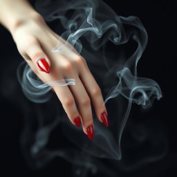 A close-up artistic depiction of a pale feminine hand adorned with striking red sharp nails