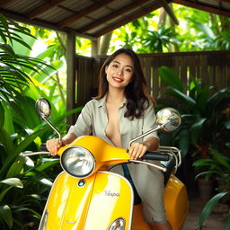 A beautiful Vietnamese lady relaxing on her Vespa scooter, dressed in an open-front shirt showcasing her youthful charm