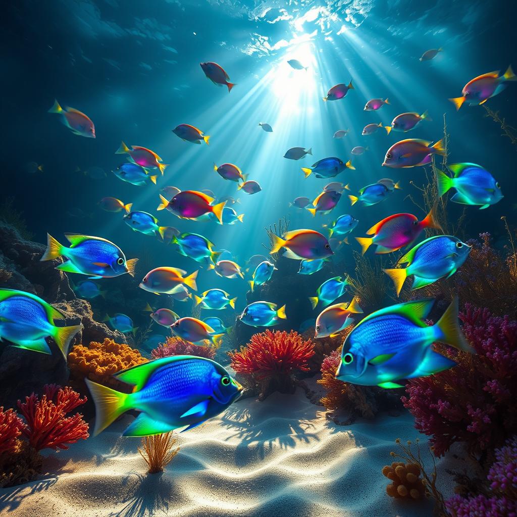 A captivating underwater world teeming with vibrant, glowing fish during the summer solstice