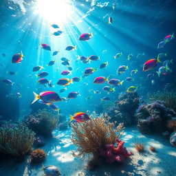 A captivating underwater world teeming with vibrant, glowing fish during the summer solstice