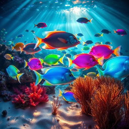 A captivating underwater world teeming with vibrant, glowing fish during the summer solstice