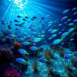 A captivating underwater world teeming with vibrant, glowing fish during the summer solstice
