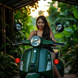 A beautiful Vietnamese lady sitting on her rugged looking army green Vespa scooter, equipped with two prominent spotlights on the front rack