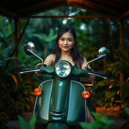 A beautiful Vietnamese lady sitting on her rugged looking army green Vespa scooter, equipped with two prominent spotlights on the front rack