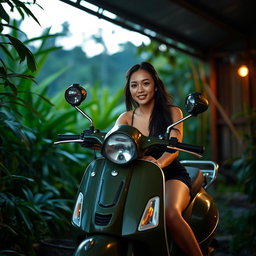 A beautiful Vietnamese lady sitting on her rugged looking army green Vespa scooter, equipped with two prominent spotlights on the front rack