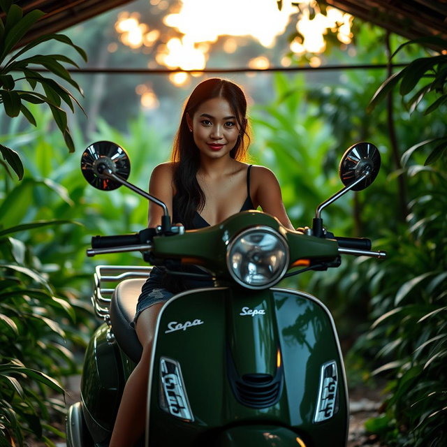 A beautiful Vietnamese lady sitting on her rugged looking army green Vespa scooter, equipped with two prominent spotlights on the front rack
