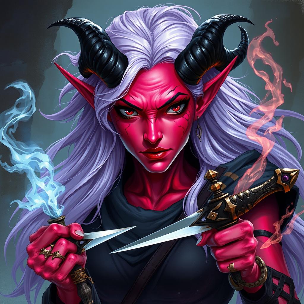 A high-resolution illustration of a middle-aged tiefling woman with long, flowing platinum lilac purple hair