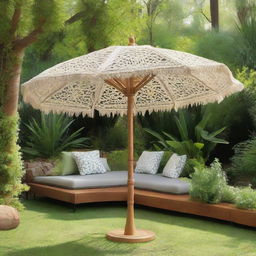 A quirky and unique macrame umbrella, featuring intricate, natural-toned designs, placed charmingly in a verdant backyard setting.