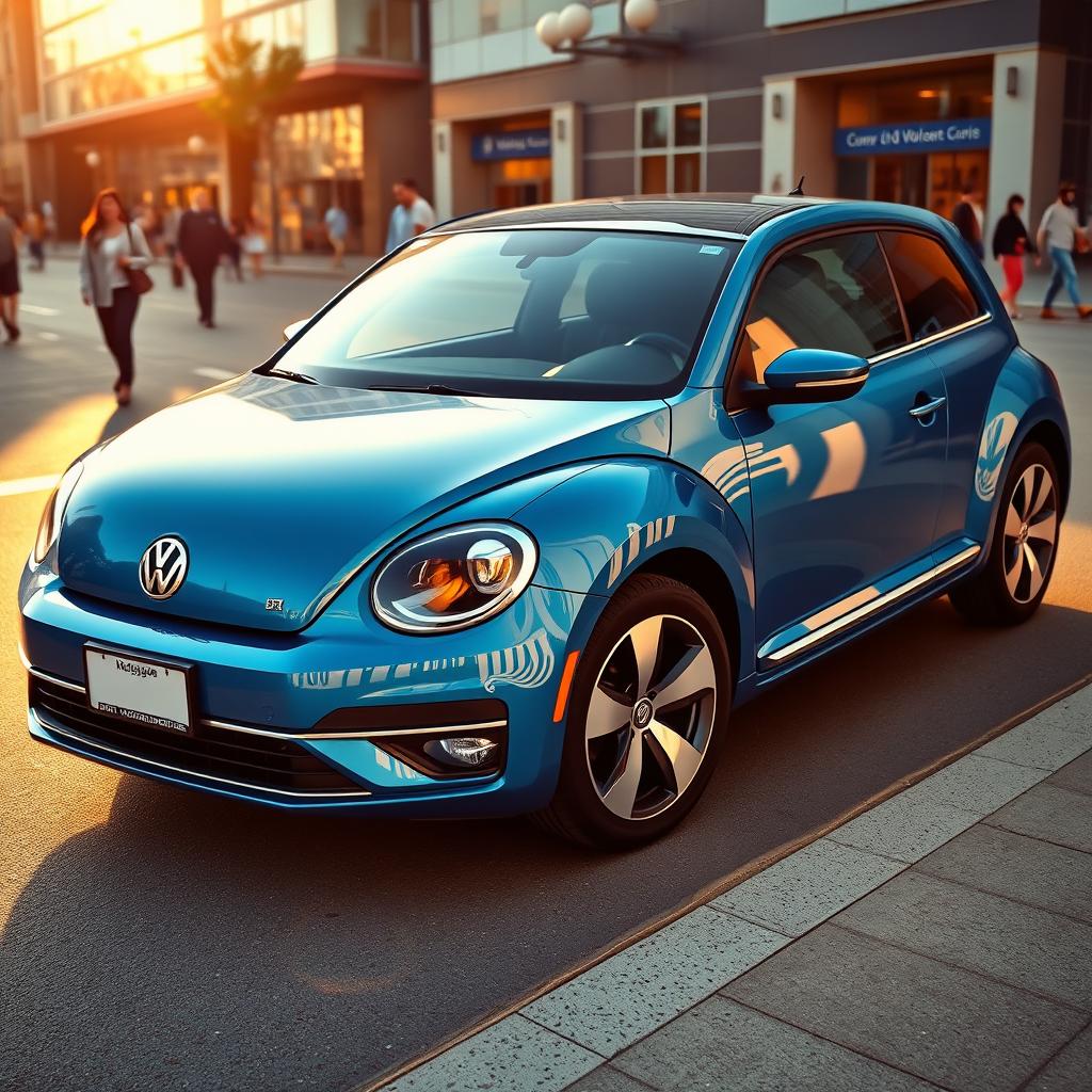 A sleek Volkswagen car parked in an urban environment, showcasing its modern design with bold lines and an elegant finish