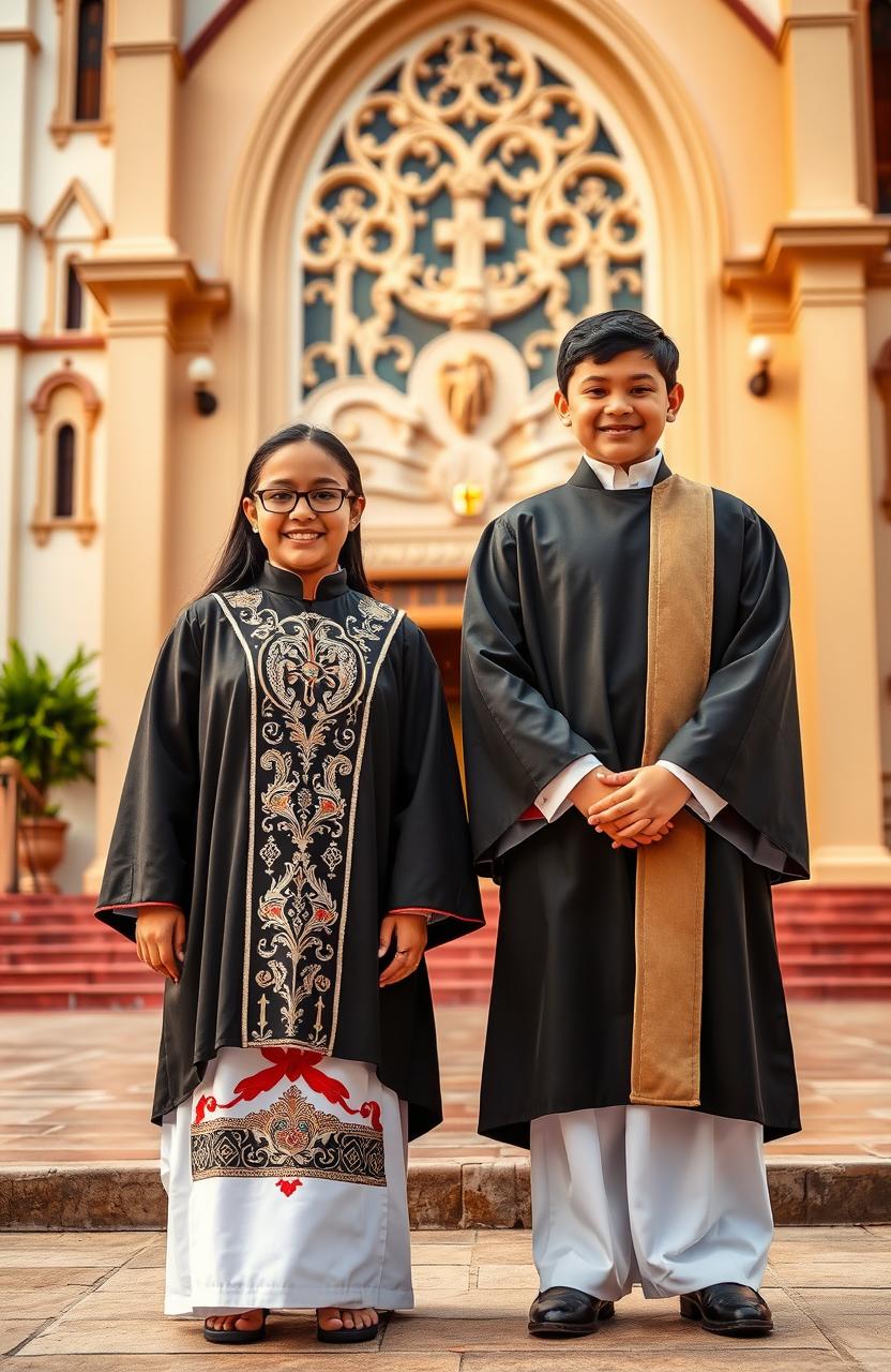A vibrant scene featuring two altar servers, one girl and one boy, proudly representing their respective parishes