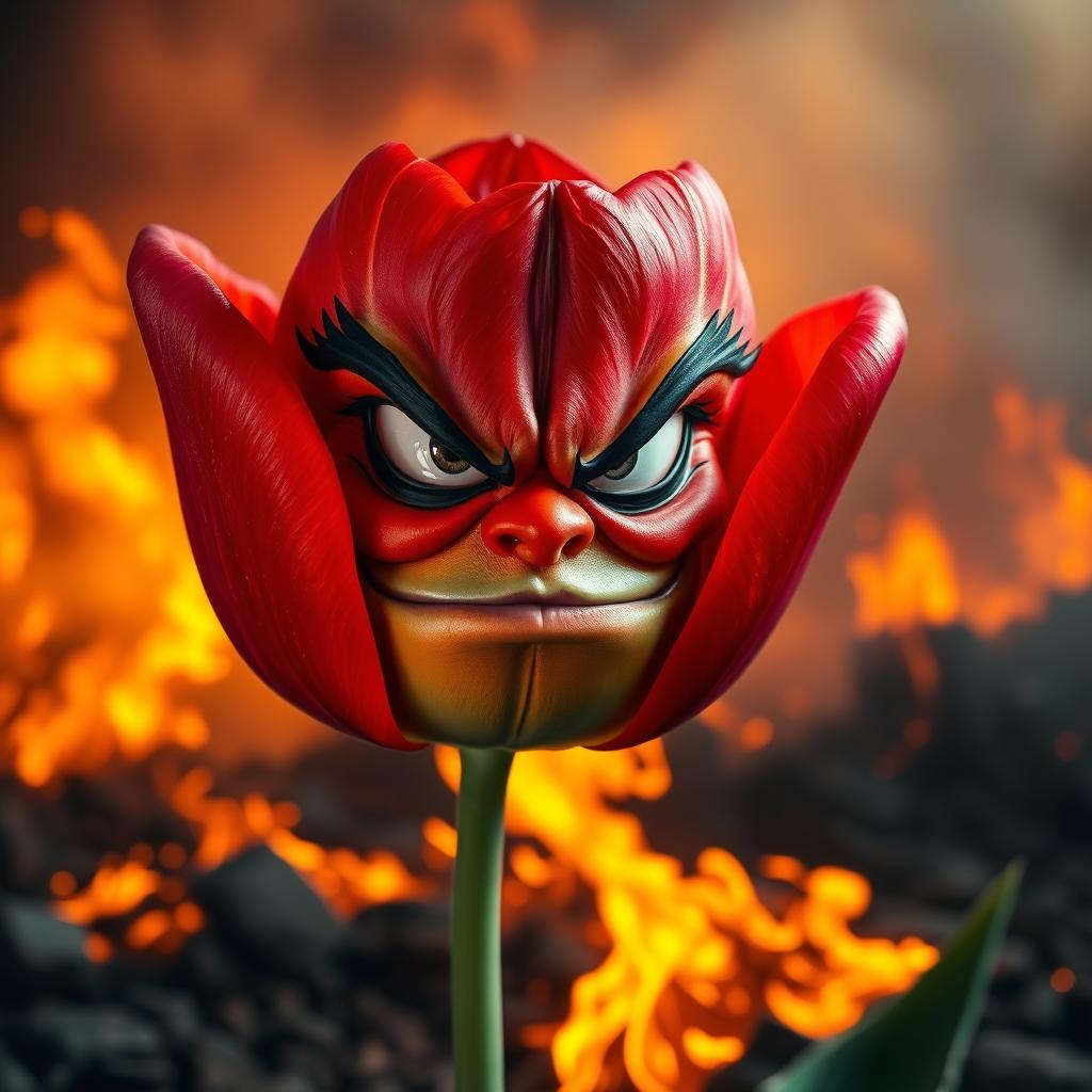 A villainous-faced tulip with a menacing expression, set against a background of a fiery landscape ablaze with flames and smoke