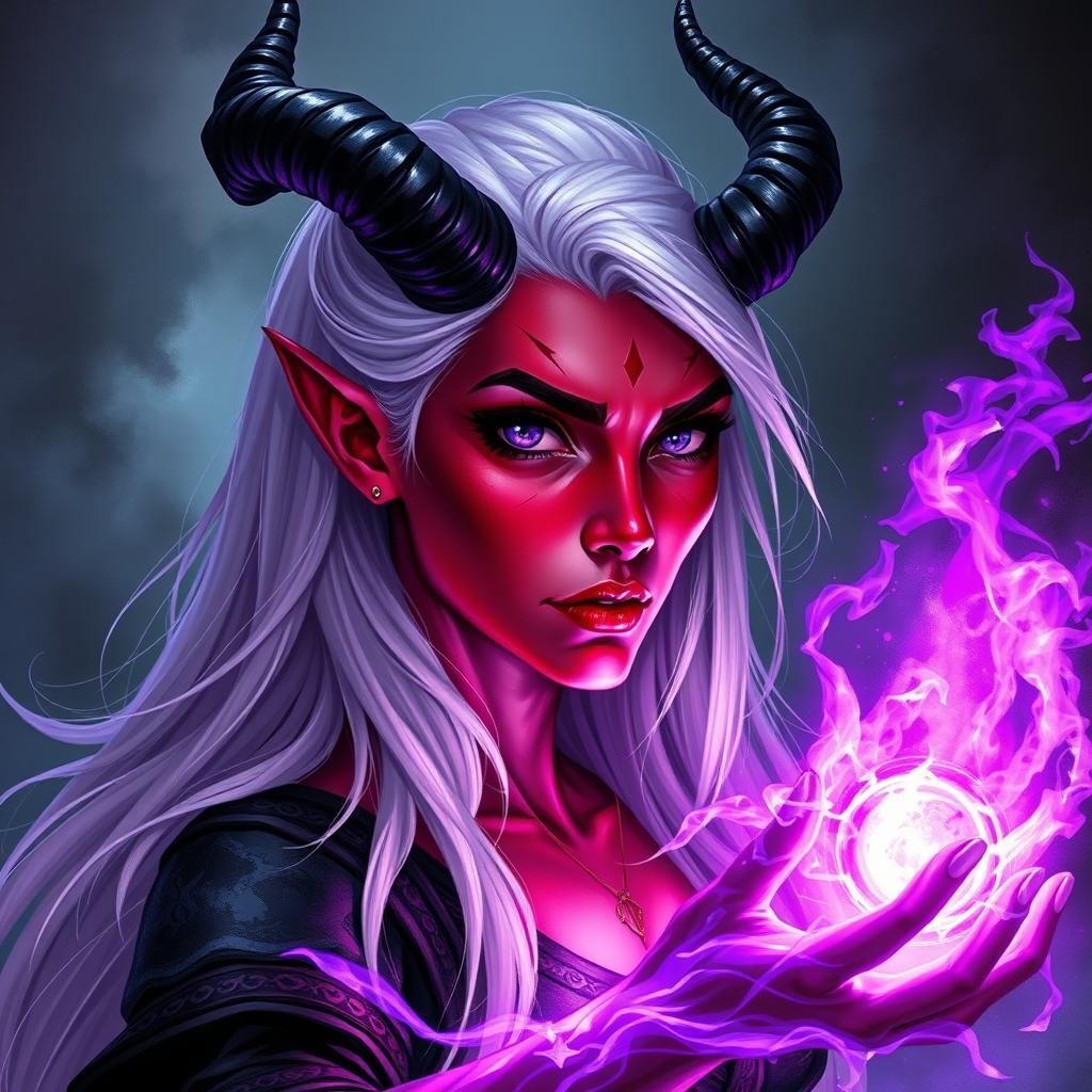 A high-resolution illustration of a 35-year-old tiefling woman with long, luxurious platinum lilac purple hair