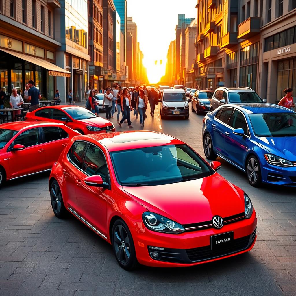 A collection of stylish Volkswagen cars displayed in a vibrant urban setting, showcasing a variety of models including a classic Beetle, a modern Golf, and a sporty Jetta