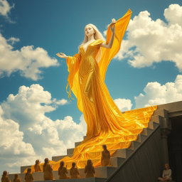 A breathtaking scene of an albino woman draped in shimmering liquid gold, standing majestically on the steps that ascend toward the clouds