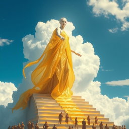 A breathtaking scene of an albino woman draped in shimmering liquid gold, standing majestically on the steps that ascend toward the clouds