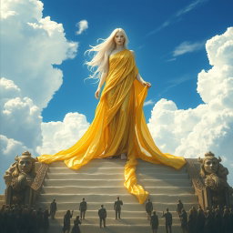 A breathtaking scene of an albino woman draped in shimmering liquid gold, standing majestically on the steps that ascend toward the clouds
