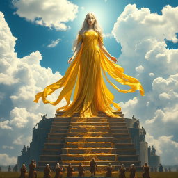 A breathtaking scene of an albino woman draped in shimmering liquid gold, standing majestically on the steps that ascend toward the clouds