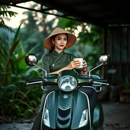 A full view of a beautiful Vietnamese lady sitting on her rugged looking army satin green painted Vespa scooter, featuring two prominent spotlights on the front rack