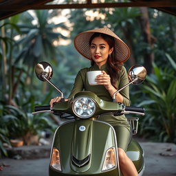 A full view of a beautiful Vietnamese lady sitting on her rugged looking army satin green painted Vespa scooter, featuring two prominent spotlights on the front rack