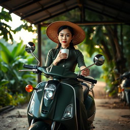 A full view of a beautiful Vietnamese lady sitting on her rugged looking army satin green painted Vespa scooter, featuring two prominent spotlights on the front rack