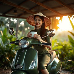 A full view of a beautiful Vietnamese lady sitting on her rugged looking army satin green painted Vespa scooter, featuring two prominent spotlights on the front rack