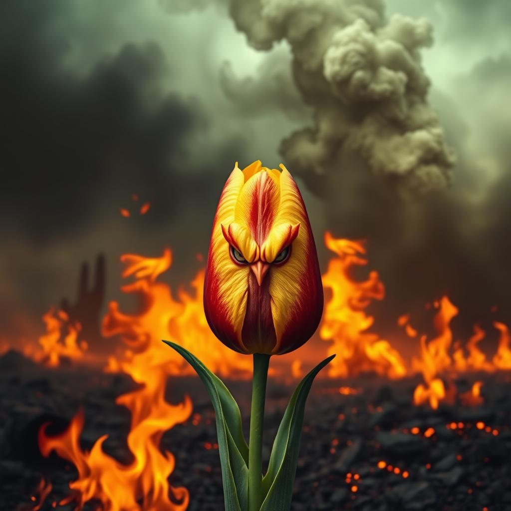 A vengeful tulip with a fierce expression, surrounded by a dramatic landscape engulfed in flames