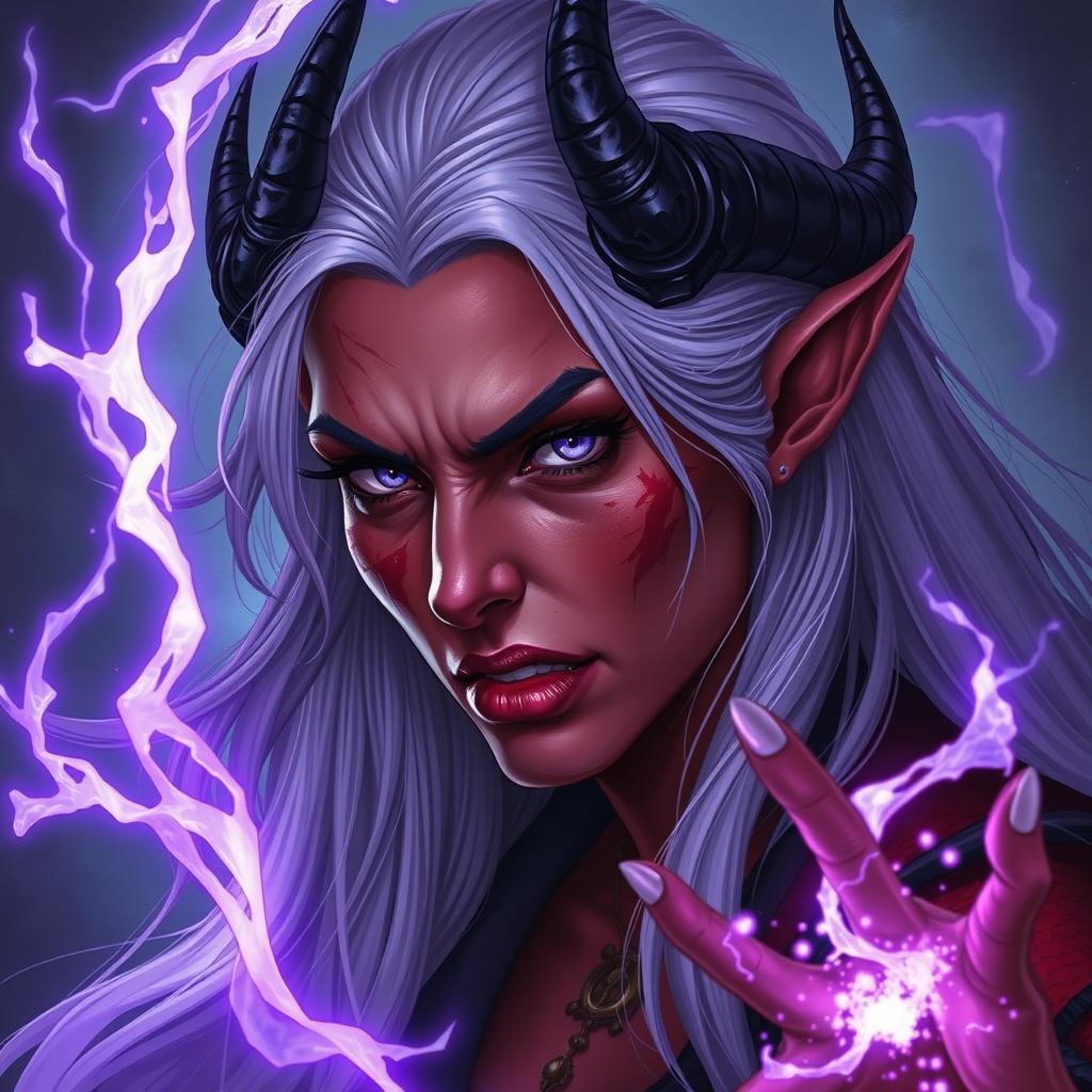 A high-resolution illustration of a 35-year-old tiefling woman with long, luxurious platinum lilac purple hair