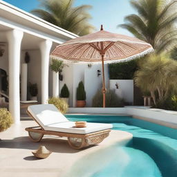 A unique macrame umbrella and stylish sunbathing bench placed invitingly beside a glittering swimming pool under a vibrant, sunlit sky.