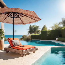 A unique macrame umbrella and stylish sunbathing bench placed invitingly beside a glittering swimming pool under a vibrant, sunlit sky.