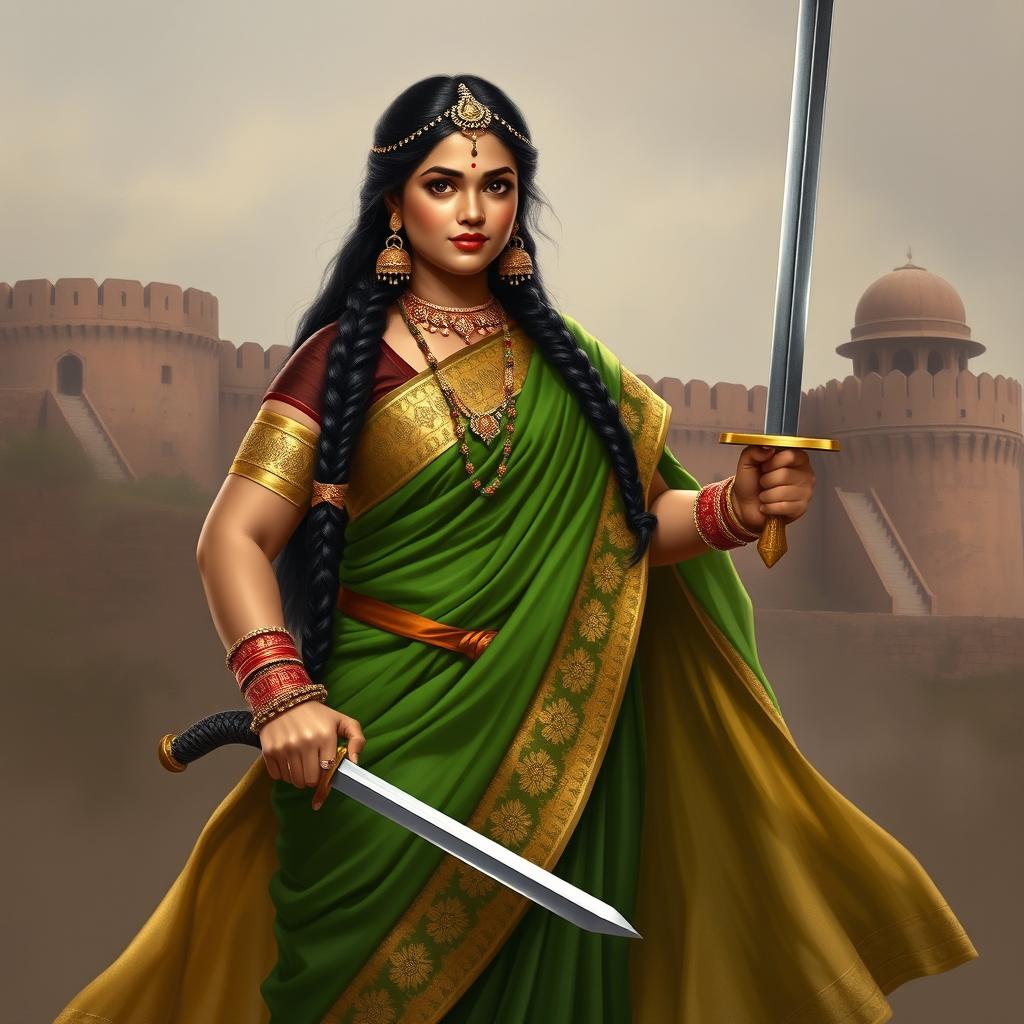 A reimagined portrayal of Rani Lakshmi Bai, the brave queen of Jhansi, depicted with a rounder, fuller figure