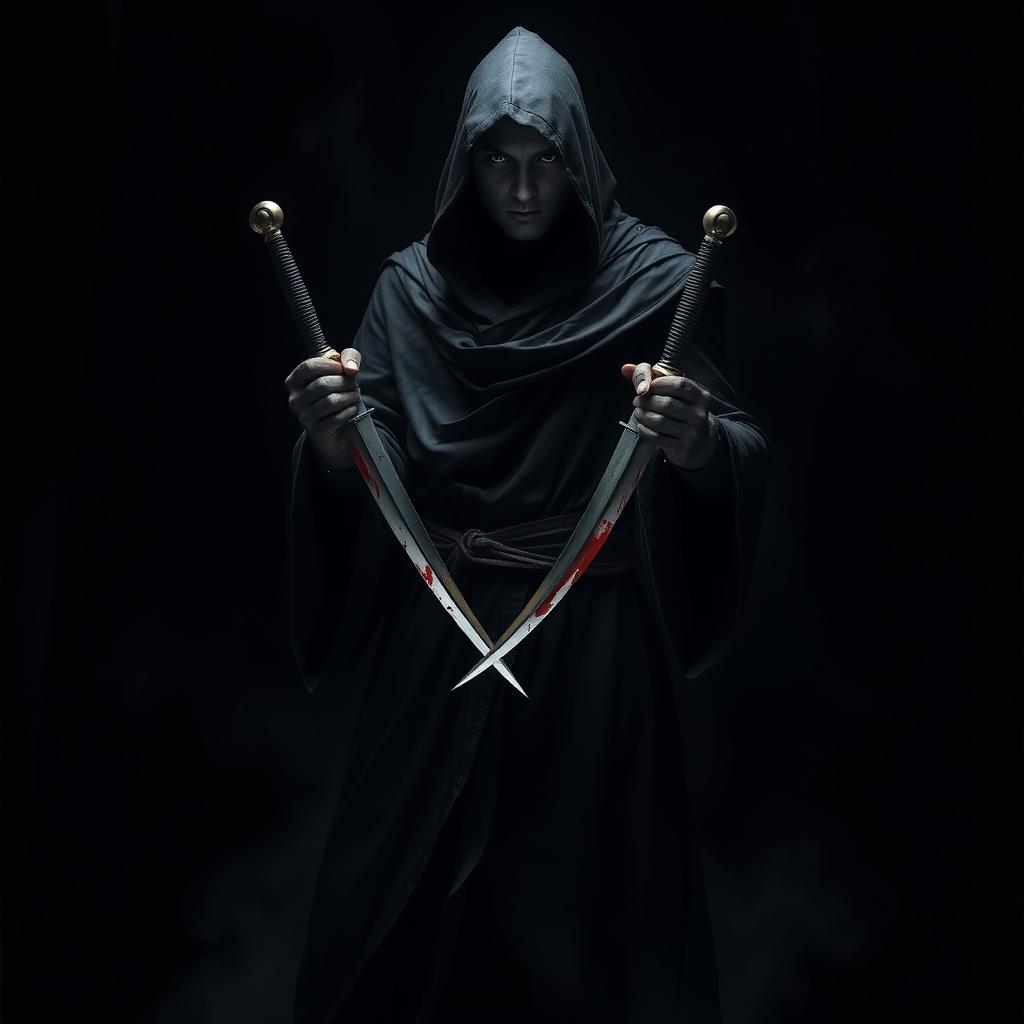 A dark and atmospheric scene featuring a mysterious assassin clad in a flowing black robe, standing in a dramatic pose against a deep black background