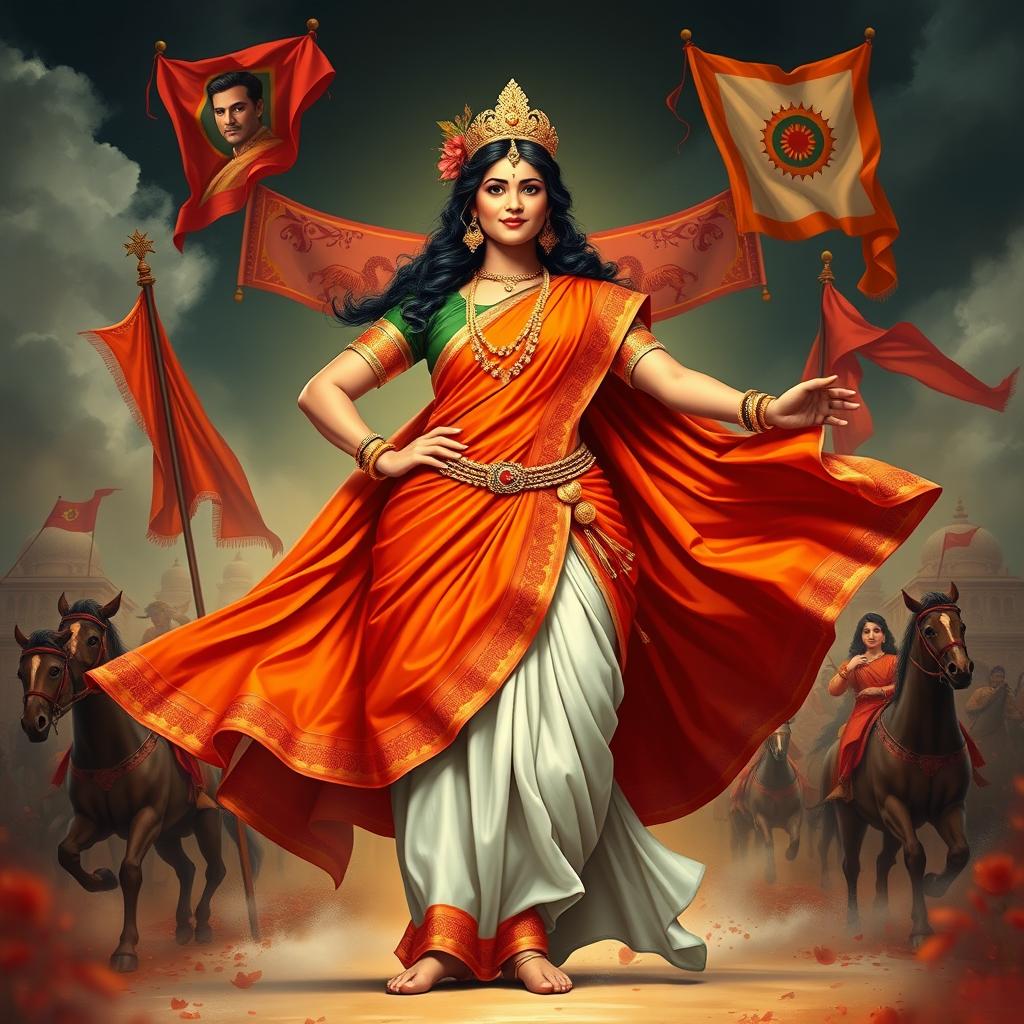 A powerful and confident portrayal of Rani Lakshmi Bai, depicted as a larger than life figure, embracing her body in a natural and bold pose