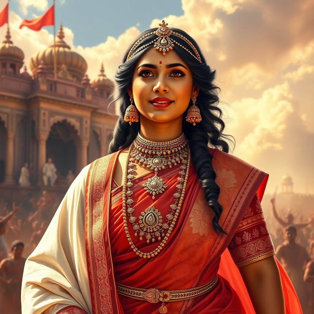 A bold and artistic depiction of Rani Lakshmi Bai, the courageous queen of Jhansi, portrayed in a confident, larger-than-life manner celebrating body positivity